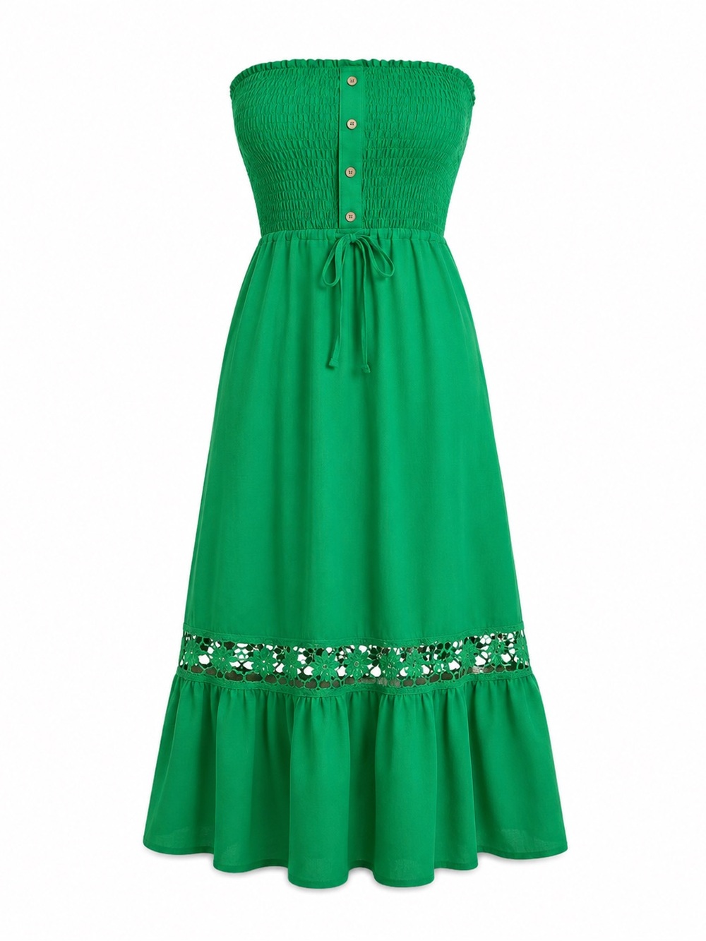 Green Strapless Button-Up Smocked Maxi Dress With Floral Crochet Detail - Size L